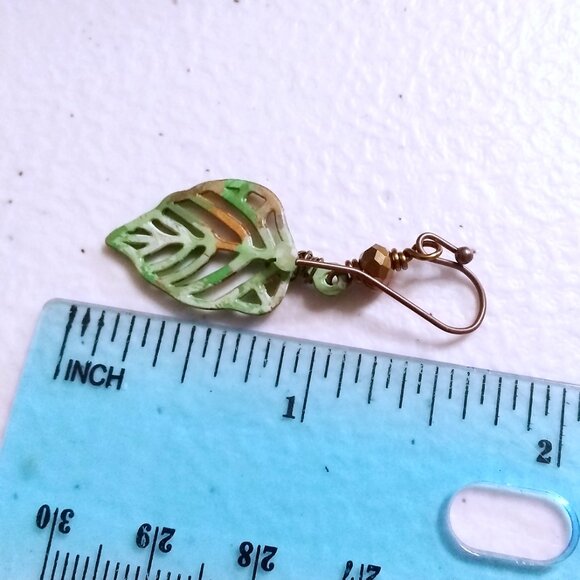 Patina Painted Filigree Leaf Earrings - Lightweight Autumn Fall Jewelry - Picture 6 of 7